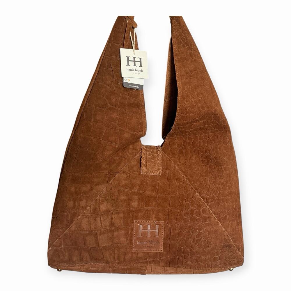 NWT Haute Hippie Triangle Suede Hobo Bag Brown Croc Embossed Boho Shoulder Bag - Picture 2 of 8